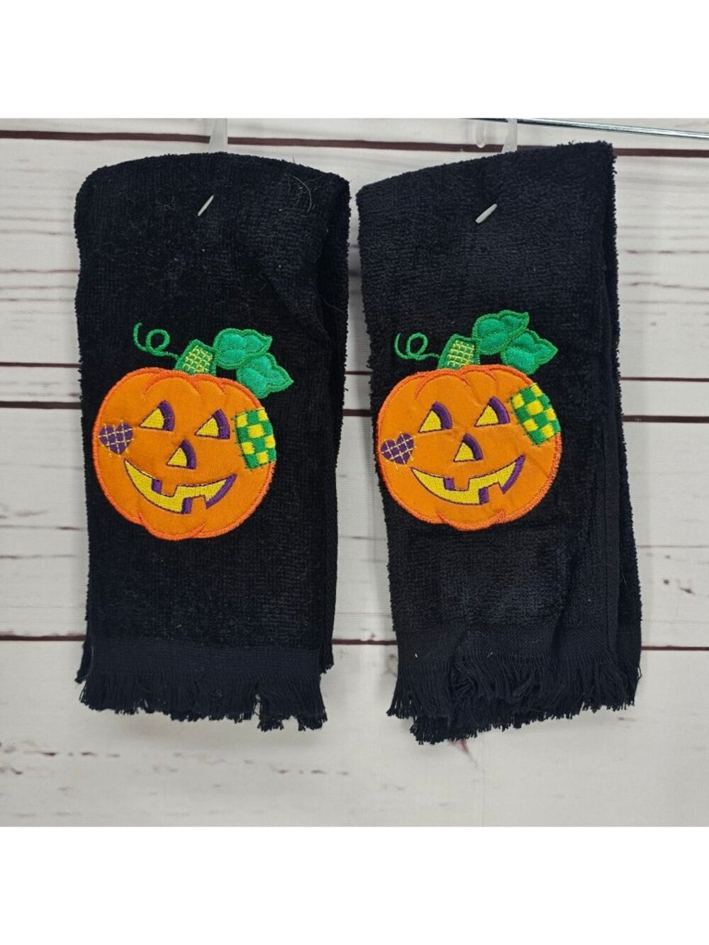 Halloween Black Hand Towels With Embroidered Pumpkin Design - Set Of 2 - Festive